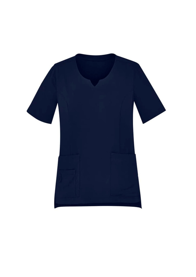 Round neck scrub top in navy blue with short sleeves and two front pockets. Features a branded logo.