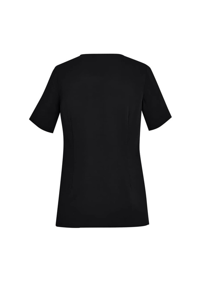 A black women's scrub top featuring short sleeves and a round neck, with a logo on the back.