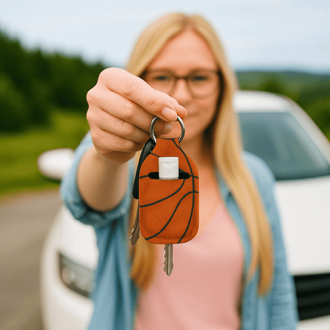A woman holding an orange neoprene keychain resembling a basketball, with keys attached, in a outdoor setting.