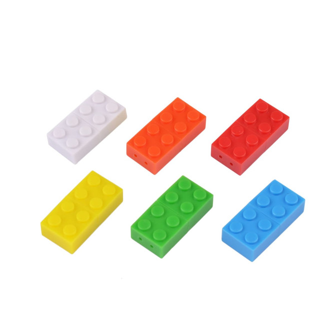 A set of six brick-shaped flash drives in white, yellow, green, blue, red, and orange, featuring a logo on each.