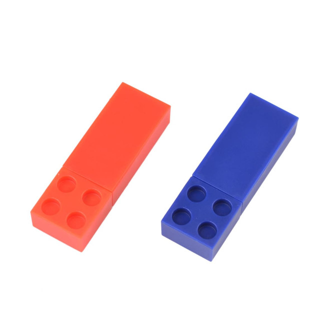 A stackable brick flash drive in orange and blue, featuring a playful design and embedded logo.