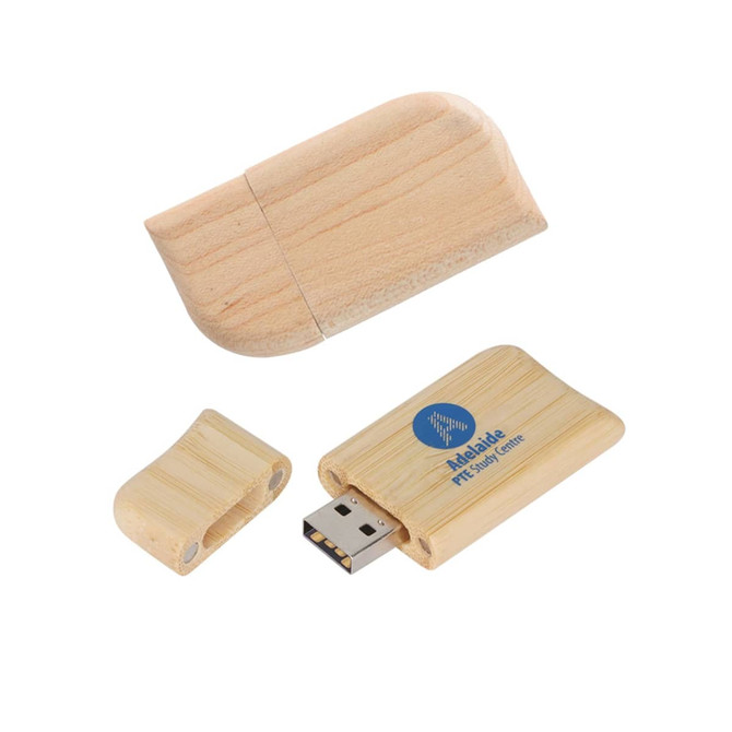A wooden butterfly flash drive in light wood colour, featuring a removable cap and a branding logo.