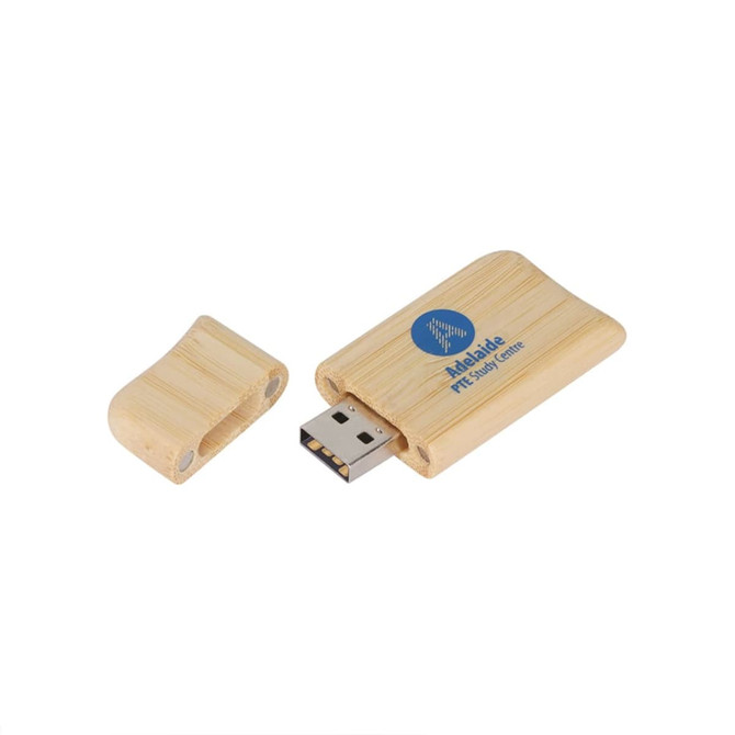 A wooden flash drive in a rectangular shape, featuring a removable cap and a logo on the surface.