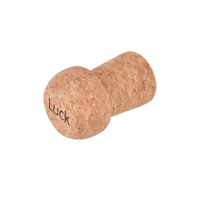 A cork-shaped flash drive in natural cork colour with the word "Luck" engraved on it.