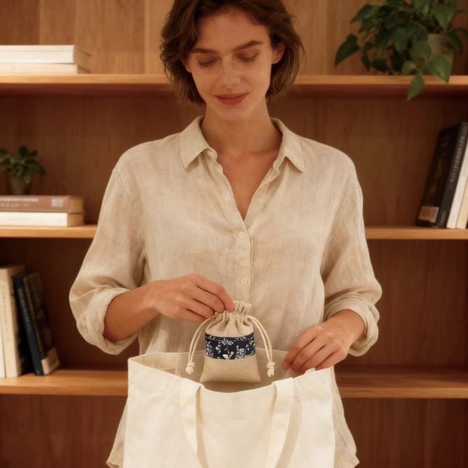 A woman in a light shirt pulls a drawstring bag from a cream tote. The bag features a blue patterned design.