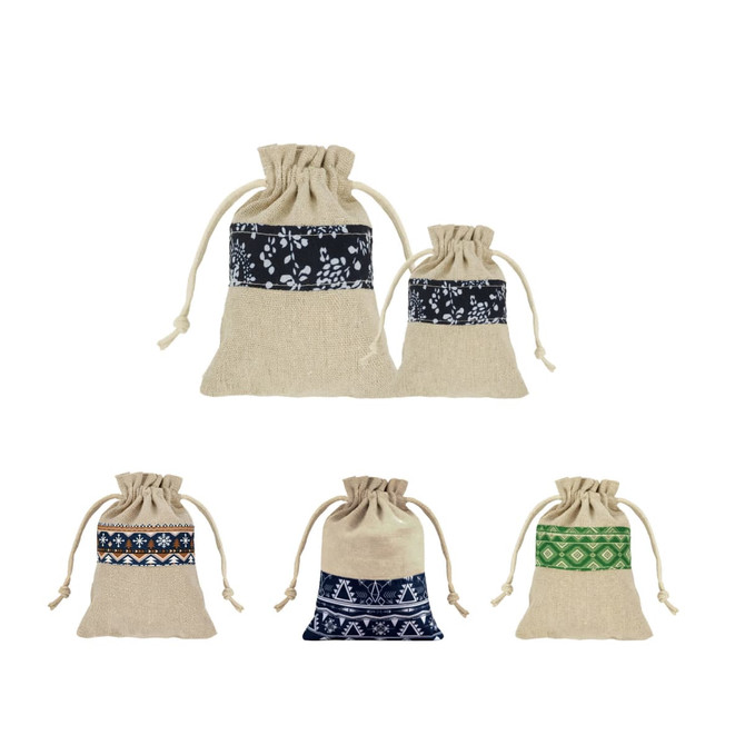 Cotton linen drawstring bags in various sizes, featuring patchwork designs in navy, green, and patterned bands.