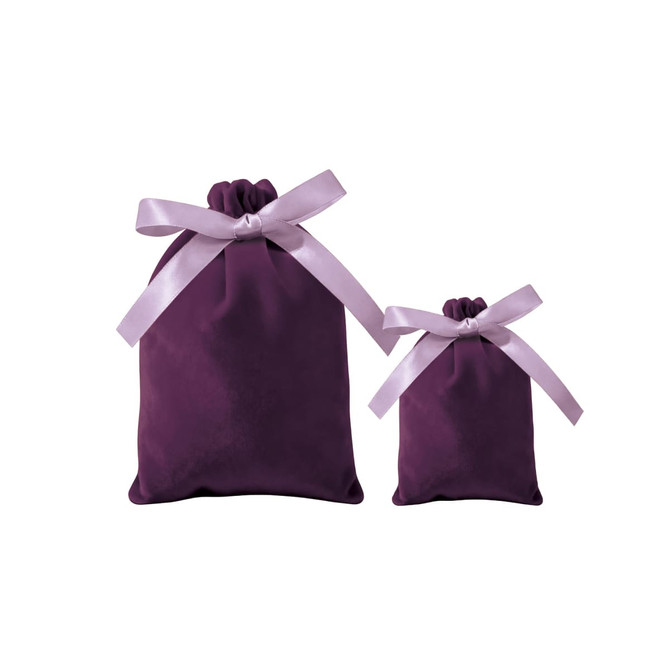 A set of purple velvet drawstring gift bags with matching satin ribbons, in two different sizes.