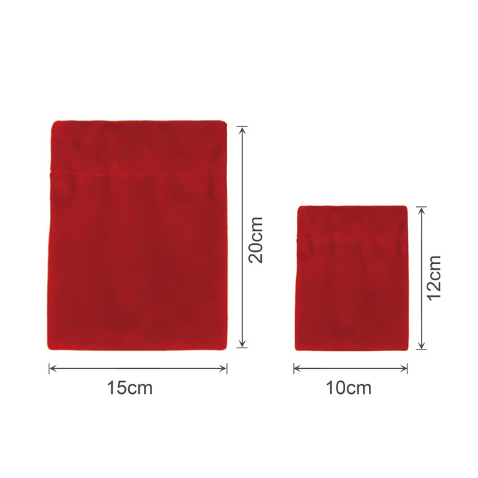 Red ribbon drawstring gift bags in two sizes: a larger bag measuring 15cm x 20cm and a smaller bag measuring 10cm x 12cm.