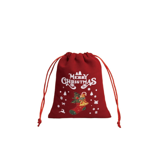 A red drawstring gift bag featuring festive Christmas graphics, including a stocking and holiday symbols.