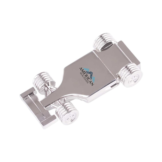 A silver racing car flash drive with four wheels and a branding logo on the body.