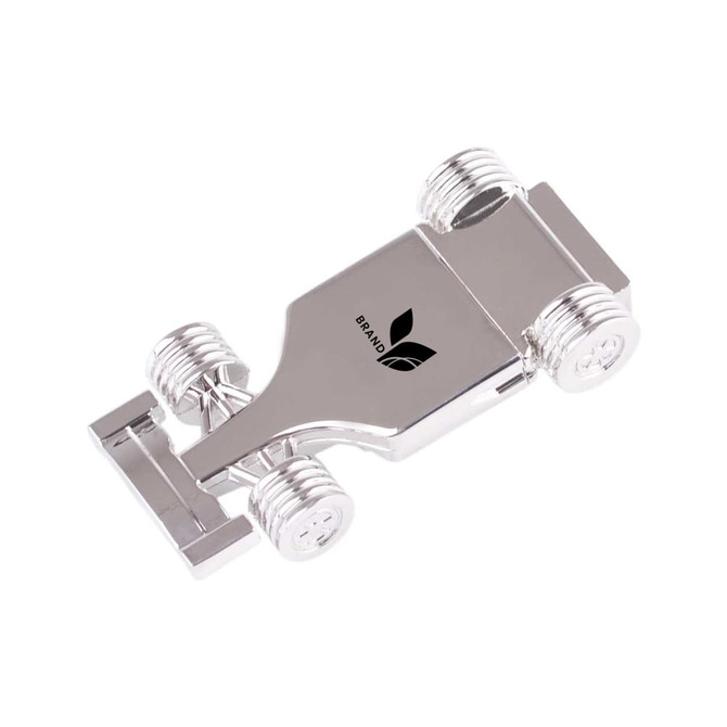 A silver racing car-shaped flash drive featuring four wheels and a logo on the body.