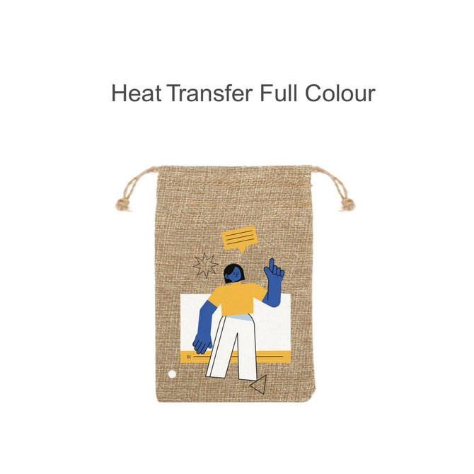 A linen drawstring gift bag in a natural colour featuring a colourful illustration of a person and a branding logo.