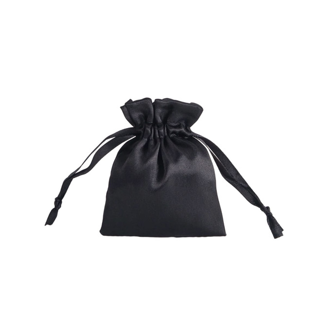 A black silk satin drawstring bag with tied ribbons at the top and a smooth, shiny finish.