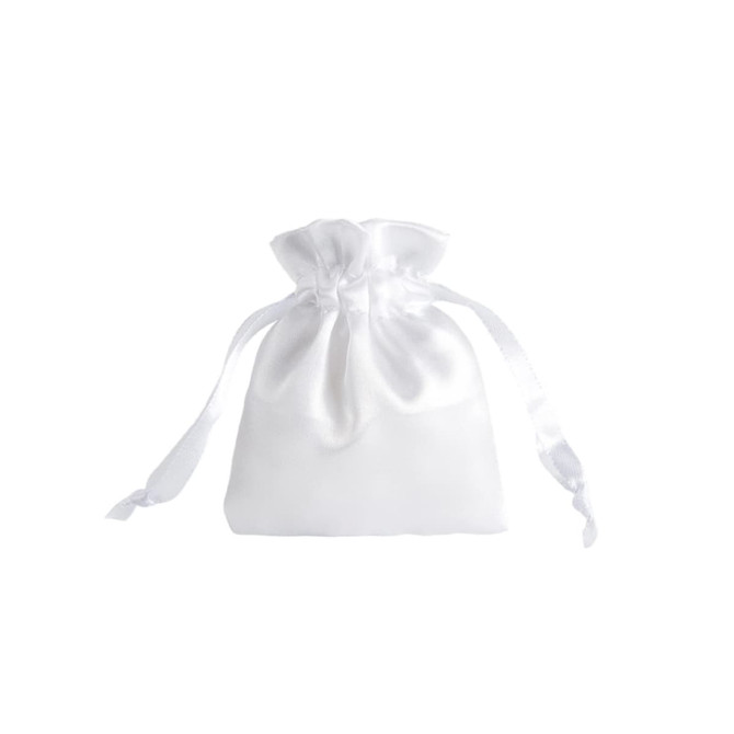 A white silk satin drawstring bag with a gathered top and ribbon ties. It features a smooth, shiny surface.