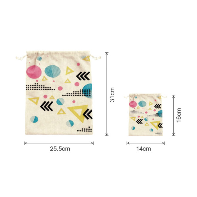 Cotton linen drawstring bags in cream with colourful geometric patterns, available in two sizes.