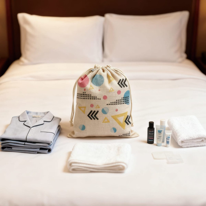 A cotton linen drawstring bag with colourful patterns, surrounded by toiletries, towels, and a pyjama set on a bed.