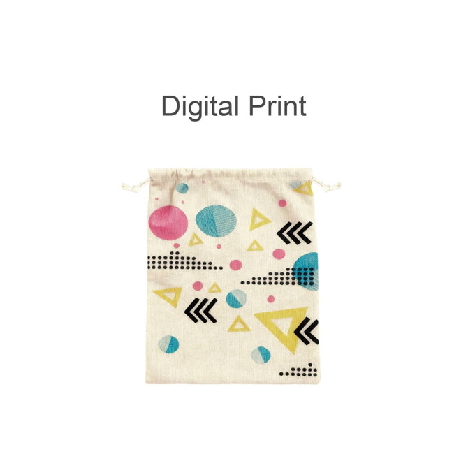 A cotton linen drawstring bag featuring a digital print with colourful geometric shapes in pink, blue, and black.