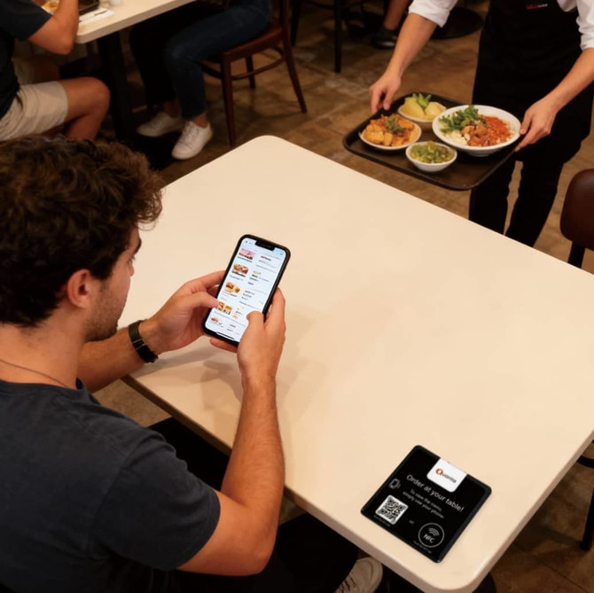 A black NFC epoxy desk tag rests on a table, alongside a customer checking a food ordering app on their phone.