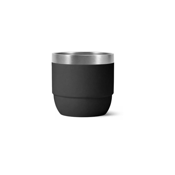 A drink bottle in matte black with a stainless steel rim and a sleek, stackable design. It features a logo.