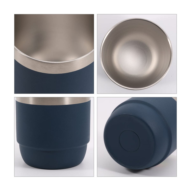 A stackable navy blue stainless steel tumbler with a smooth interior and a flat base. It features a logo.