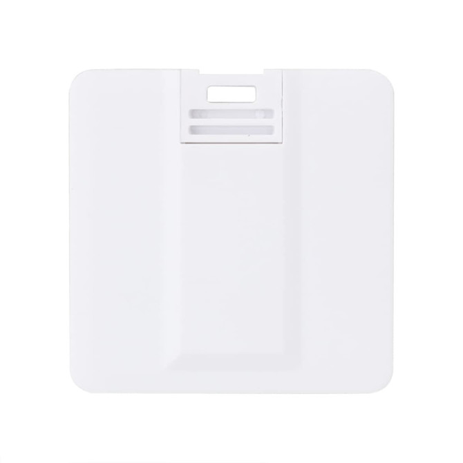 A white square flash drive featuring a slot for connection. It has a minimalist design and includes a logo.