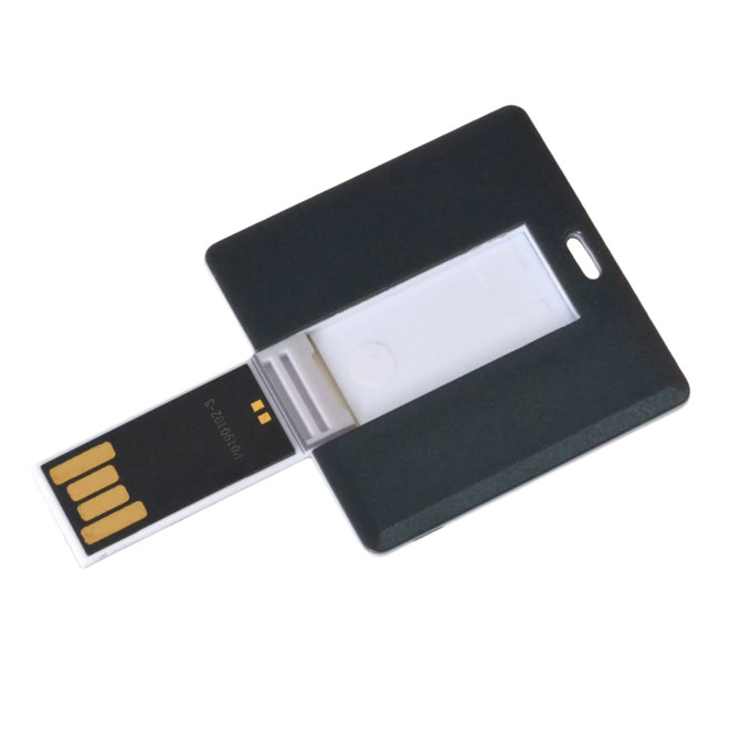 A black square card flash drive with a retractable USB connector. The product features branding on its surface.