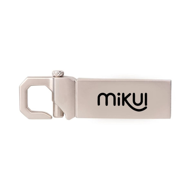 A silver flash drive with a unique design and a logo on one side, featuring a clip for easy attachment.