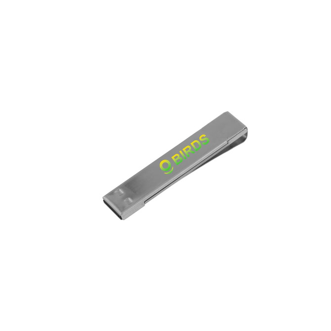 A metallic clip flash drive with a sleek design and a logo on its surface.