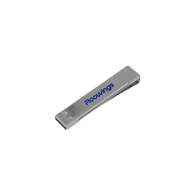 A silver metal clip flash drive with a branding logo, featuring a sleek, slim design.