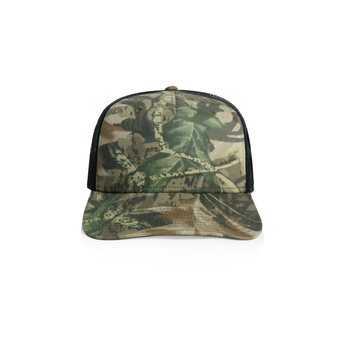 A camo trucker cap featuring green and tan patterns with a black mesh backing and a solid front.