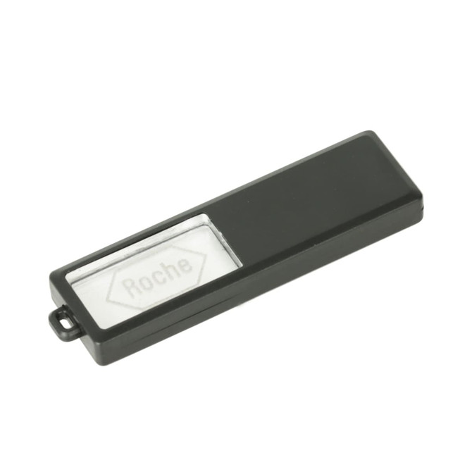 A sliding acrylic flash drive in black with a clear, branded section for logo display.