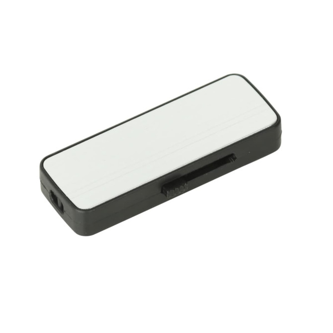 A sliding black and white flash drive with a smooth finish and a small connector port.