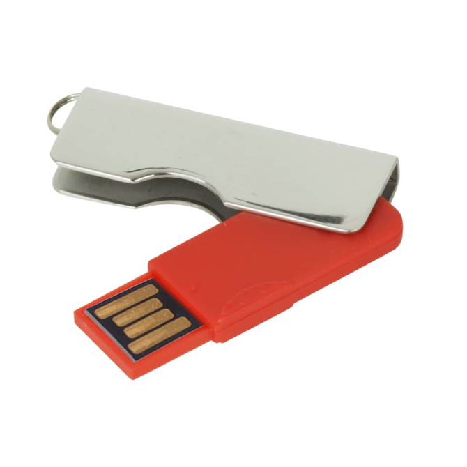 An alloy swivel flash drive in metallic silver and bright red, featuring a keyring attachment.