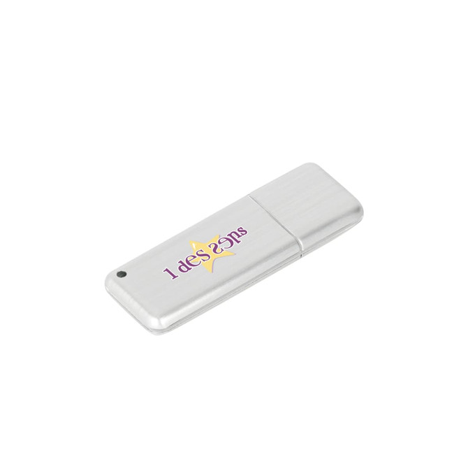 A silver flash drive with a sleek design and a small logo on its surface.