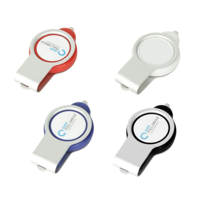 Four light-up epoxy doming flash drives in red, white, blue, and black, each featuring a logo.