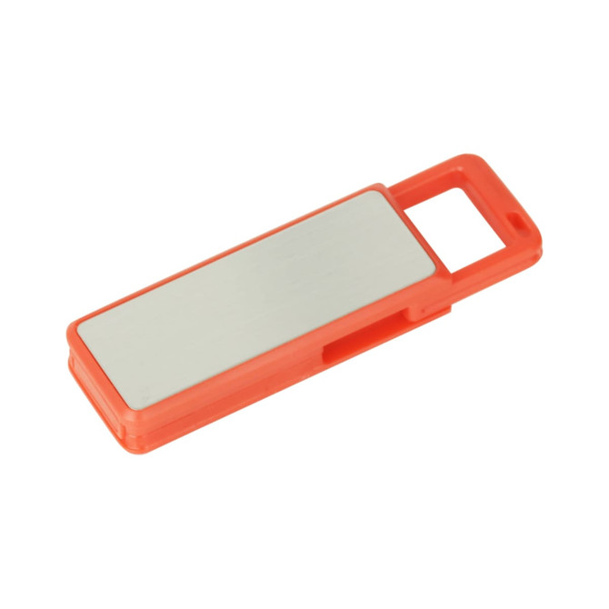 An orange click action flash drive with a silver panel for branding or personalisation.