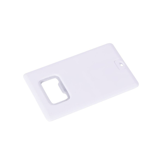 A drink bottle opener and flash drive in a sleek white card shape. Features a cut-out for easy use and a logo.