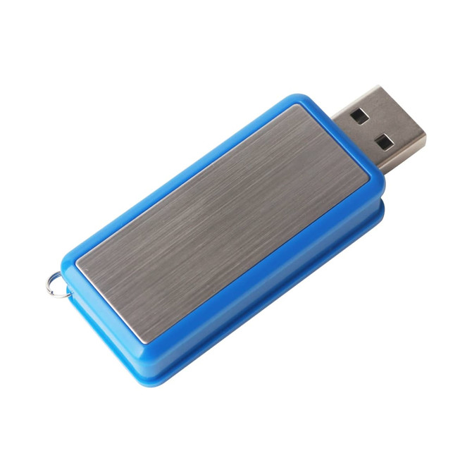 A blue and silver 360-degree rotating flash drive with a metallic finish and a loop for attachment.