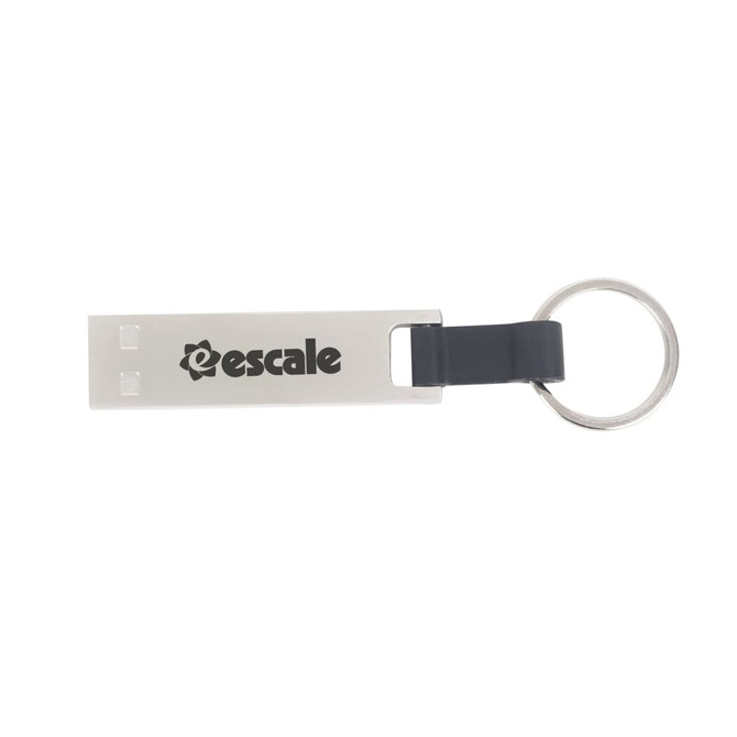 A silver mini flash drive keychain with a black rubber grip and a circular metal keyring. It features a logo.