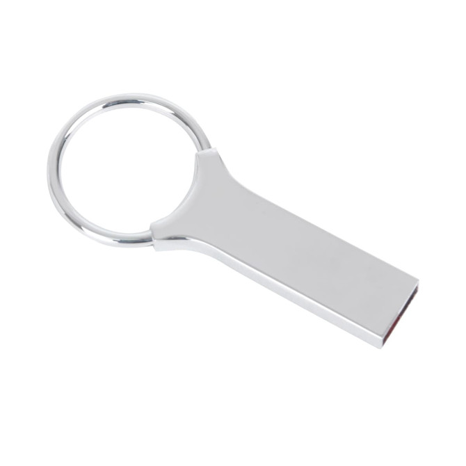 A silver mini keyring flash drive with a sleek design and integrated keyring.