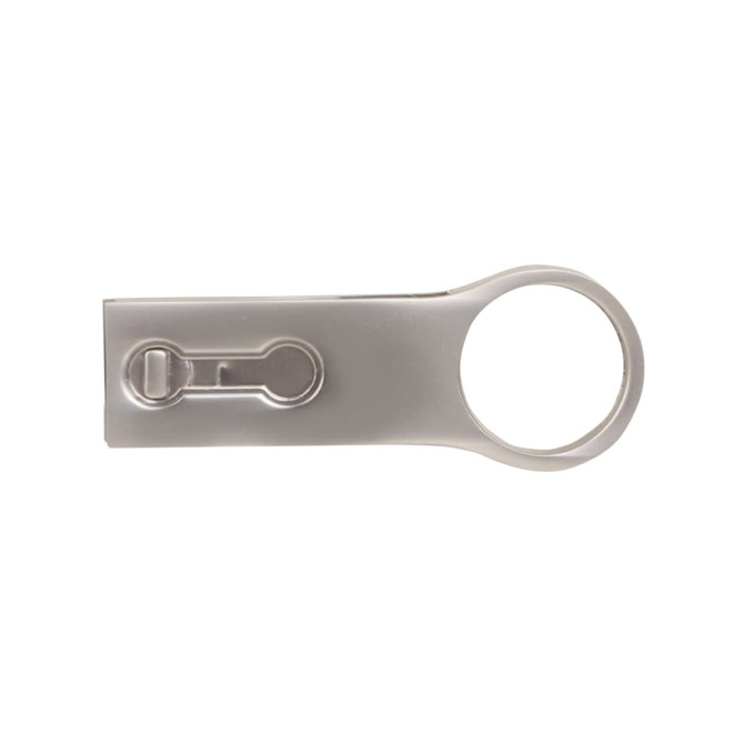 A silver USB flash drive with a circular end and a sliding cover, featuring a logo.