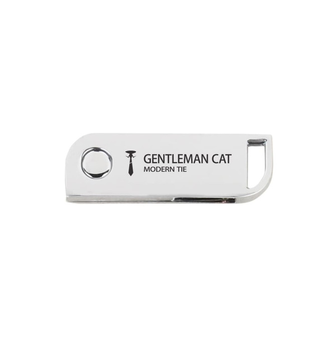 A silver metal swivel flash drive featuring a logo on one side. The design is sleek and modern.