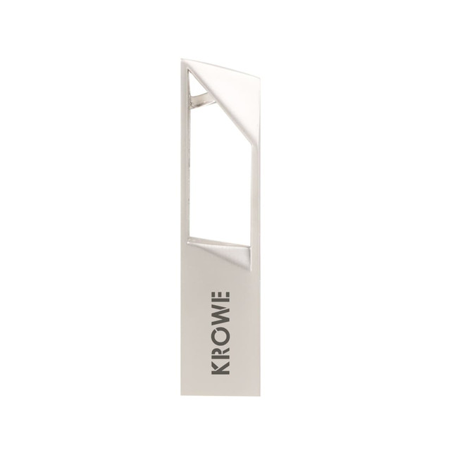 A portable metal flash drive in silver, featuring a sleek design and a logo on its side.