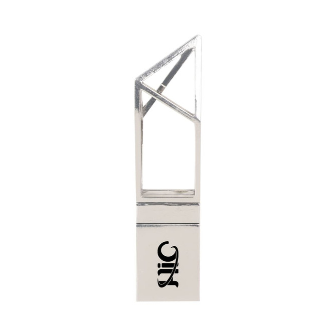 A silver flash drive with a unique triangular design and a logo on the base.