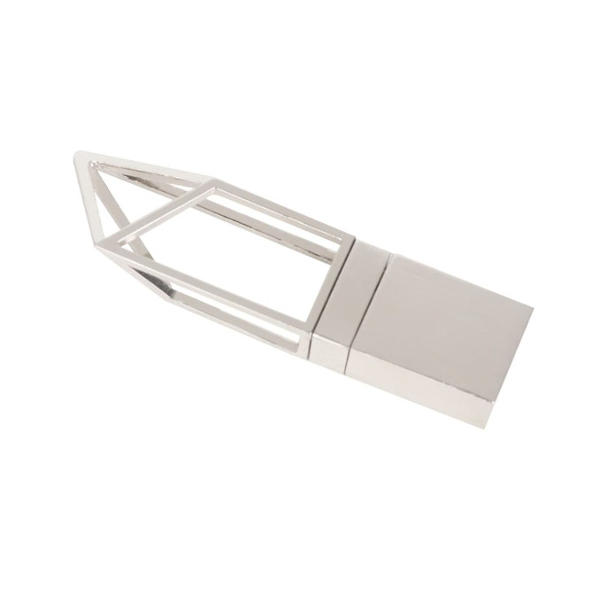 A silver flash drive with a geometric, open frame design features a solid rectangular base. It has a logo on the side.