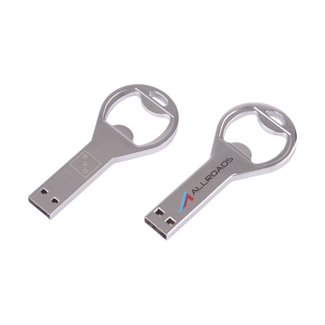 A drink bottle-shaped silver bottle opener and flash drive, featuring a logo on one side.
