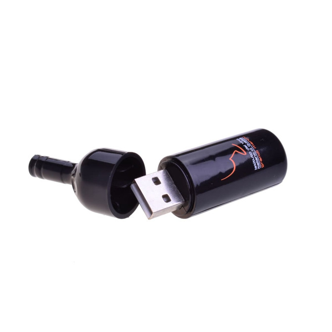 A drink bottle flash drive in black, featuring a detachable cap revealing a USB connector. It includes a logo on the body.
