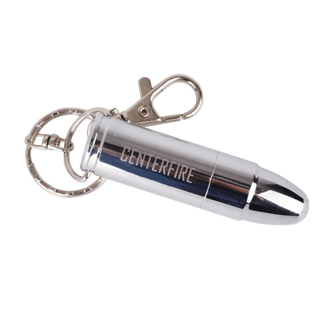A silver waterproof bullet flash drive attached to a keyring with a clasp. It features a logo on its side.