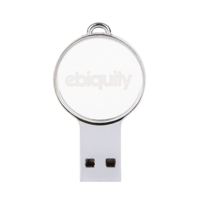 A mini round crystal flash drive in silver and white, featuring a logo on the crystal surface.