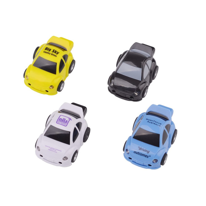 A set of four car-shaped flash drives in yellow, black, white, and blue, each featuring a logo on the top.